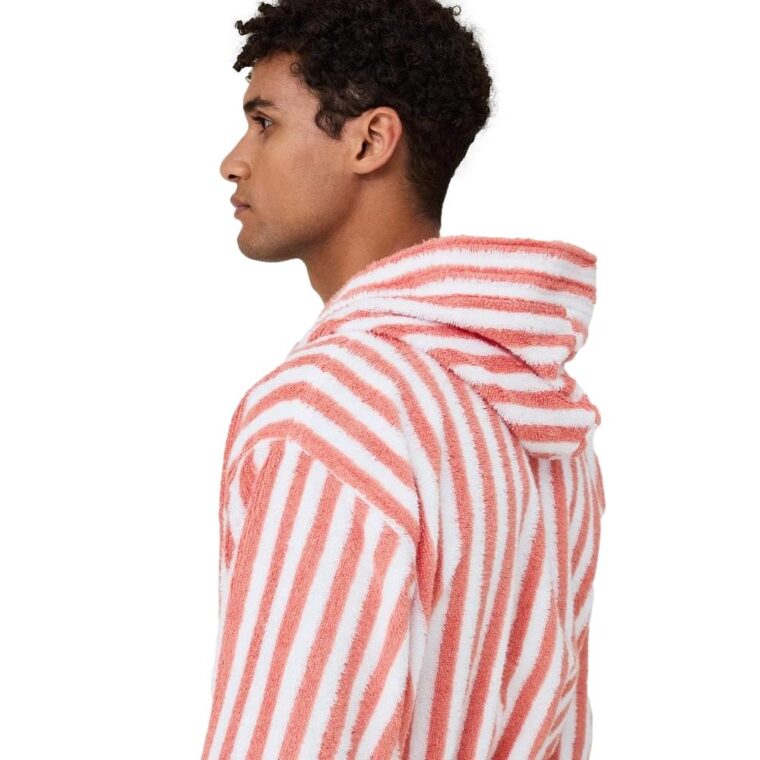 Striped Hoodie Robe Coral/White-4