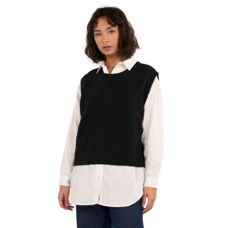 Knowledge Cotton Apparel Lambswool Vest 1300 BLACK JET-2